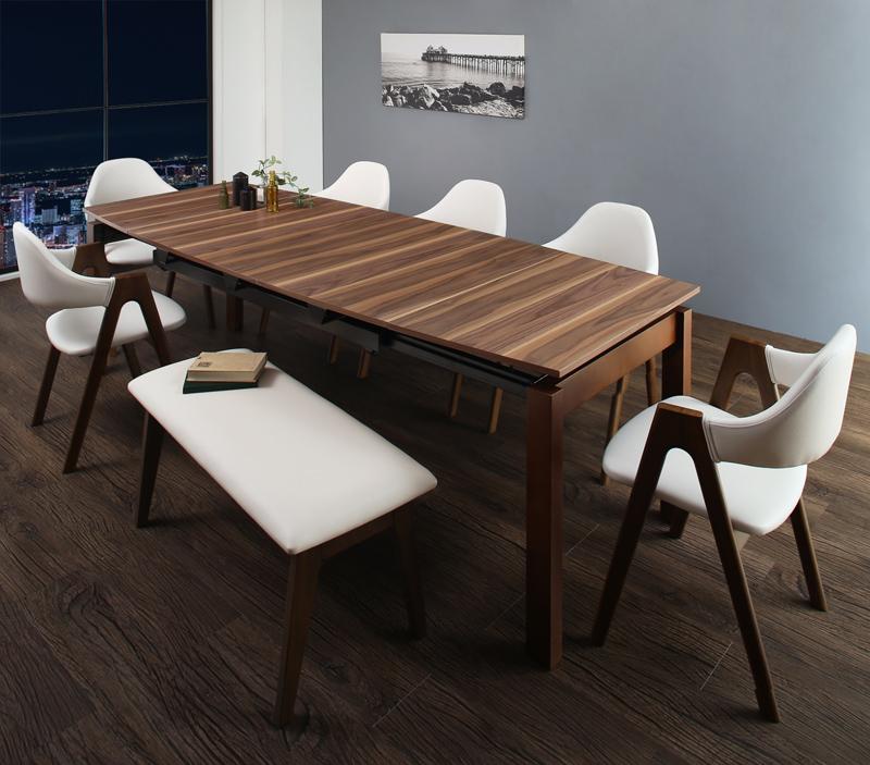 〔組立設置料込み〕北欧テイスト 天然木ウォールナット材 伸縮ダイニングシリーズ 〔Aurora〕オーロラ 8点セット(テーブル+チェア6脚+ベンチ1脚) 〔チェア色〕ホワイト6脚 【北海道・沖縄・離島配送不可】