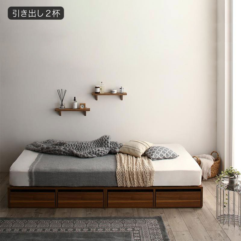 〔組立設置料込み〕選べる引出収納付きシンプルデザインローベッド 〔Menoce〕メノーチェ 〔スタンダードポケットコイルマットレス付き〕 引き出し2杯付 シングル 〔フレーム色〕ウォルナットブラウン 〔マットレス色〕ブラック 【北海道・沖縄・離島配送不可】