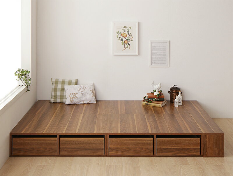 〔組立設置料込み〕シェルフ棚・引出収納付きベッドとしても使えるフローリング調デザイン小上がり 〔ひだまり〕 セミダブル ウォルナットブラウン【北海道・沖縄・離島配送不可】