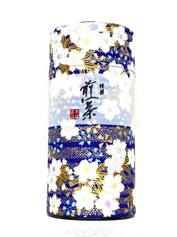 宇治茶 【あす楽】 「宇治煎茶 桜舞う（青）」 煎茶 茶筒入り 130g 専門店 ふじや茶舗 特上 高級 高品質 宇治茶 茶葉 緑茶 お茶 日本茶 京都 老舗 贈り物 ギフト プレゼント 御祝 御礼 内祝 母の日 父の日 敬老の日 お中元 お歳暮 無添加 おしゃれ 缶 茶筒 桜柄 海外配送