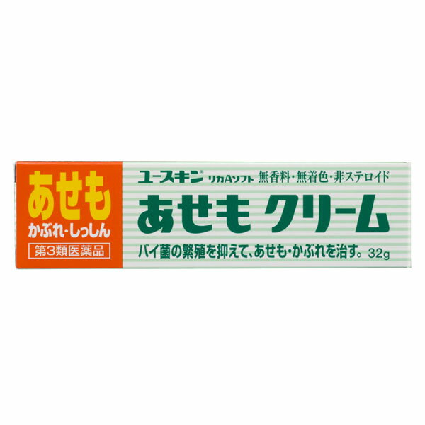 この商品はセルフメディケーション税制対象商品です 　　・2017年1月から始まる「セルフメディケーション税制（医療費控除の特例）」において、 　　　医療費控除の対象となるOTC医薬品です。 　　・ 納品書は商品に同梱しておりません、申告時に必要な納品書はWEBからダウンロードが可能です。 　　　 　 ■セルフメディケーション税制についてはこちら 商品区分：第3類医薬品 【製品の特徴】 ユースキンリカAソフトは、 ●ふわっとのびの良いクリームが、パイ菌の繁殖を抑え、あせも・かぶれを治します。 ●白く粉っぽくならす、のびが良いので、すばやく患部にぬることができます。 【使用上の注意】 ■相談すること （1）次の人は使用前に医師、薬剤師または登録販売者に相談すること。 1．医師の治療を受けている人 2．薬などによりアレルギー症状を起こしたことがある人 3．湿潤やただれのひどい人 （2）使用後、次の症状があらわれた場合は副作用の可能性があるので、ただちに使用を中止し、この説明文書を持って医師、薬剤師または登録販売者に相談すること。 関係部位・・・症状 皮ふ・・・発疹・発赤、かゆみ、はれ、かぶれ、乾燥感、刺激感、熱感、ヒリヒリ感 （3）5〜6日間使用しても症状がよくならない場合は使用を中止し、この説明文書を持って医師、薬剤師または登録販売者に相談すること。 【効能】 あせも、かぶれ、しっしん、皮ふ炎、かゆみ、ただれ、じんましん 【有効成分】(1g中) 〔有効成分〕　：　〔分量〕　：　〔はたらき〕 クロタミトン・・・20mg・・・かゆみを止めます。 ジフェンヒドラミン・・・10mg・・・かゆみを止めます。 グリチルレチン酸・・・10mg・・・炎症を抑えます。 イソプロピルメチルフェノール・・・5mg・・・菌の繁殖を抑え、症状の悪化を防ぎます。 ビタミンE酢酸エステル・・・5mg・・・新陳代謝を促し、患部の治りを早めます。 ●本剤にステロイドは配合されていません。 添加物として：水添大豆リン脂質、オリブ油、グリセリン、1，3-ブチレングリコール、ジメチルポリシロキサン、キサンタンガム、カルボキシビニルポリマー、ステアリン酸、トリイソオクタン酸グリセリン、パルミチン酸セチル、セトステアリルアルコール、ミリスチン酸イソプロピル、ステアリン酸ソルビタン、セスキオレイン酸ソルビタン、ポリオキシエチレン硬化ヒマシ油、トリエタノールアミン、パラベン 【使用方法】 患部を清潔にしてから、1日数回適量を塗布してください。 【用法用量に関する注意】 次の注意事項を守ってください。 1．定められた使用法を守ること。 2．小児に使用させる場合には、保護者の指導監督のもとに使用させること。なお、使用開始の目安は、生後3ヶ月以上です。 3．目に入らないように注意すること。万一、目に入った場合には、すぐに水またはぬるま湯で洗うこと。 なお、症状が重い場合には、眼科医の診断を受けること。 4．本剤は外用のみに使用し、内服しないこと。 5．小児が誤って口にした場合には、まず、口の中をふき取ること。 しばらく様子をみて異常がある場合には、医師に相談すること。 【保管及び取扱い上の注意】 1.小児の手の届かない所に保管すること。 2.直射日光をさけ、なるべく涼しい所にキャップをきちんとしめて保管すること。 3.他の容器に入れ替えないこと。（誤用の原因になったり、品質が変わることがある。）　 医薬品をご購入のお客様へ重要なお知らせ 楽天市場の規則により医薬品の購入は、楽天会員にご登録いただいているお客様のみとさせていただいております。 また、18歳未満のお客様へ販売も禁止となっております。ご了承いただきますようお願いいたします。