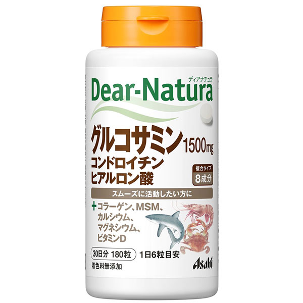 ※ご注意ください！！ご注文いただいてからのお取り寄せとなります。 ●商品の改訂により商品のデザイン、パッケージに記載されている内容と異なる場合があります。 【商品の特徴】 6粒中にグルコサミン1500mg、コンドロイチン100mg、ヒアルロン酸10mgを配合。 さらにII型コラーゲン、MSM、カルシウム、マグネシウム、ビタミンDも配合した全8種の成分が一度に摂れるサプリメントです。 ■用法用量 1日摂取目安6粒 ■用法用量に関連する注意 1日の摂取目安量を守ってください。 原材料名をご確認の上、食物アレルギーのある方はお召し上がりにならないでください。 妊娠・授乳中の方、小児の使用は避けてください。 治療を受けている方、お薬を服用中の方は、医師にご相談の上、お召し上がりください。 小児の手の届かないところに置いてください。 体調や体質によりまれに身体に合わない場合や、発疹などのアレルギー症状が出る場合があります。その場合は使用を中止してください。 原料由来の色むらやにおいに変化がある場合がありますが、品質に問題ありません。 ■成分・分量 【1日摂取目安あたり】 エネルギー 8.0kcal　たんぱく質 0.75g　脂質 0.024g　炭水化物 1.2g　食塩相当量 0.009〜0.1g　ビタミンD 5μg　カルシウム 20mg　マグネシウム 10mg　グルコサミン 1500mg （製造時配合）コンドロイチン：100mg　鶏軟骨エキス末：100mg（II型コラーゲン30mg含有）　ヒアルロン酸：10mg　MSM(メチルスルフォニルメタン)：50mg ■添加物 コンドロイチン含有サメ軟骨抽出物末（国内製造）　II型コラーゲン含有鶏軟骨エキス末　還元パラチノース　メチルスルフォニルメタン　デキストリン　グルコサミン（えび・かに由来）　貝Ca　糊料（HPMC） デンプングリコール酸Na　HPC　ステアリン酸Ca　酸化Mg　ヒアルロン酸　フィチン酸　V.D ■内容量 180粒 ■商品区分 健康食品 ■原産国 日本製 ■販売者 アサヒグループ食品株式会社 ■お問い合わせ先 アサヒグループ食品株式会社 〒130‐8602　東京都墨田区吾妻橋1‐23‐1 TEL：0120-630611 ■広告文責 株式会社富士薬品　0120-51-2289