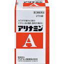 商品区分：第3類医薬品 ■製品の特徴 ●アリナミンAは、吸収にすぐれたビタミンB1誘導体フルスルチアミンを配合し、毎日の生活の中で感じる、カラダが「だるい」「重い」といった疲れにすぐれた効果をあらわします。 ●補酵素(コエンザイムA)となってエネルギーの産生に重要な働きをするパントテン酸カルシウムとフルスルチアミン、ビタミンB2、ビタミンB6を配合し、三大栄養素(脂質、タンパク質、糖質)を効率よくエネルギーに変える助けをするので、疲れたカラダにすぐれた効果をあらわします。 ●服用しやすい黄色の糖衣錠です。 ■使用上の注意 ■■相談すること■■ 1.服用後、次の症状があらわれた場合は副作用の可能性があるので、直ちに服用を中止し、この文書を持って医師、薬剤師または登録販売者に相談すること (関係部位：症状) 皮膚：発疹・発赤、かゆみ 消化器：吐き気・嘔吐、口内炎 2.服用後、次の症状があらわれることがあるので、このような症状の持続または増強が見られた場合には、服用を中止し、この文書を持って医師、薬剤師または登録販売者に相談すること 軟便、下痢 3.1ヵ月位服用しても症状がよくならない場合は服用を中止し、この文書を持って医師、薬剤師または登録販売者に相談すること ■用法・用量 ・次の量を、食後すぐに水またはお湯で、かまずに服用すること。 (年齢：1回量／1日服用回数) 15歳以上：1-3錠／1回 11歳-14歳：1-2錠／1回 7歳-10歳：1錠／1回 7歳未満：服用しないこと ＜用法・用量に関連する注意＞ (1)小児に服用させる場合には、保護者の指導監督のもとに服用させること。 (2)用法・用量を厳守すること。 ■成分・分量　3錠(15歳以上の1日最大服用量)中 成分：含量 フルスルチアミン(ビタミンB1誘導体)として：100mg (フルスルチアミン塩酸塩：109.16mg) ピリドキシン塩酸塩(ビタミンB6)：20mg シアノコバラミン(ビタミンB12)：60μg リボフラビン(ビタミンB2)：12mg パントテン酸カルシウム：15mg 添加物：乳酸カルシウム水和物、部分アルファー化デンプン、ヒプロメロース、セルロース、乳糖水和物、ヒドロキシプロピルセルロース、ステアリン酸Mg、トウモロコシデンプン、エリスリトール、酸化チタン、アラビアゴム、炭酸Ca、タルク、白糖 ＜成分に関連する注意＞ 本剤の服用により尿が黄色くなることがありますが、リボフラビンによるものなので心配ありません。 ■効能・効果 (1)次の場合のビタミンB1の補給 肉体疲労時、妊娠・授乳期、病中病後の体力低下時 (2)次の諸症状の緩和 筋肉痛・関節痛(腰痛、肩こり、五十肩など)、神経痛、手足のしびれ、便秘、眼精疲労 (3)脚気 「ただし、上記(2)および(3)の症状について、1ヵ月ほど使用しても改善がみられない場合は、医師または薬剤師に相談すること。」 ■保管および取扱い上の注意 (1)直射日光の当たらない湿気の少ない涼しい所に密栓して保管すること。 (2)小児の手の届かない所に保管すること。 (3)他の容器に入れ替えないこと(誤用の原因になったり品質が変わる)。 (4)ビンの中の詰め物は、フタをあけた後はすてること(詰め物を再びビンに入れると湿気を含み品質が変わるもとになる。詰め物は、輸送中に錠剤が破損するのを防止するためのものである)。 (5)服用のつどビンのフタをしっかりしめること(吸湿し品質が変わる)。 (6)使用期限を過ぎた製品は服用しないこと。 (7)箱とビンの「開封年月日」記入欄に、ビンを開封した日付を記入すること。 (8)一度開封した後は、品質保持の点から開封日より6ヵ月以内を目安になるべくすみやかに服用すること。 ■内容量 270錠 【製造販売元】 　アリナミン製薬株式会社 　〒541-0045　大阪市中央区道修町四丁目1番1号 【問い合わせ・お客様相談連絡先】 　アリナミン製薬株式会社「お客様相談室」 　フリーダイヤル 0120-567-087医薬品をご購入のお客様へ重要なお知らせ 楽天市場の規則により医薬品の購入は、楽天会員にご登録いただいているお客様のみとさせていただいております。 また、18歳未満のお客様へ販売も禁止となっております。ご了承いただきますようお願いいたします。