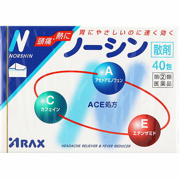 この商品はセルフメディケーション税制対象商品です 　　・2017年1月から始まる「セルフメディケーション税制（医療費控除の特例）」において、 　　　医療費控除の対象となるOTC医薬品です。 　　・ 納品書は商品に同梱しておりません、申告時に必要な納品書はWEBからダウンロードが可能です。 　　　 　 ■セルフメディケーション税制についてはこちら 【商品説明】解熱鎮痛薬 ノーシンは、ACE処方の3つの有効成分（アセトアミノフェン、エテンザミド、カフェイン水和物）が協力的に作用して、頭痛などの痛みや熱によく効きます。胃にやさしいのに速く効き、眠くなる成分や習慣性のある成分は含まれていません。【使用上の注意】＜してはいけないこと＞ （守らないと現在の症状が悪化したり、副作用・事故が起こりやすくなります） 1．次の人は服用しないでください （1）本剤又は本剤の成分によりアレルギー症状を起こしたことがある人。 （2）本剤又は他の解熱鎮痛薬、かぜ薬を服用してぜんそくを起こしたことがある人。 2．本剤を服用している間は、次のいずれの医薬品も服用しないでください 他の解熱鎮痛薬、かぜ薬、鎮静薬 3．服用前後は飲酒しないでください 4．長期連用しないでください ＜相談すること＞ 1．次の人は服用前に医師、歯科医師、薬剤師又は登録販売者に相談してください （1）医師又は歯科医師の治療を受けている人。 （2）妊婦又は妊娠していると思われる人。 （3）高齢者。 （4）薬などによりアレルギー症状を起こしたことがある人。 （5）次の診断を受けた人。 心臓病、腎臓病、肝臓病、胃・十二指腸潰瘍 2．服用後、次の症状があらわれた場合は副作用の可能性があるので、直ちに服用を中止し、この文書を持って医師、薬剤師又は登録販売者に相談してください 関係部位・・・症状 皮膚・・・発疹・発赤、かゆみ 消化器・・・吐き気・嘔吐、食欲不振 精神神経系・・・めまい その他・・・過度の体温低下 まれに下記の重篤な症状が起こることがあります。その場合は直ちに医師の診療を受けてください。 症状の名称・・・症状 ショック（アナフィラキシー）・・・服用後すぐに、皮膚のかゆみ、じんましん、声のかすれ、くしゃみ、のどのかゆみ、息苦しさ、動悸、意識の混濁等があらわれる。 皮膚粘膜眼症候群（スティーブンス・ジョンソン症候群）、中毒性表皮壊死融解症、急性汎発性発疹性膿疱症・・・高熱、目の充血、目やに、唇のただれ、のどの痛み、皮膚の広範囲の発疹・発赤、赤くなった皮膚上に小さなブツブツ（小膿疱）が出る、全身がだるい、食欲がない等が持続したり、急激に悪化する。 薬剤性過敏症症候群・・・皮膚が広い範囲で赤くなる、全身性の発疹、発熱、体がだるい、リンパ節（首、わきの下、股の付け根等）のはれ等があらわれる。 肝機能障害・・・発熱、かゆみ、発疹、黄疸（皮膚や白目が黄色くなる）、褐色尿、全身のだるさ、食欲不振等があらわれる。 腎障害・・・発熱、発疹、尿量の減少、全身のむくみ、全身のだるさ、関節痛（節々が痛む）、下痢等があらわれる。 間質性肺炎・・・階段を上ったり、少し無理をしたりすると息切れがする・息苦しくなる、空せき、発熱等がみられ、これらが急にあらわれたり、持続したりする。 ぜんそく・・・息をするときゼーゼー、ヒューヒューと鳴る、息苦しい等があらわれる。 3．5〜6回服用しても症状がよくならない場合は服用を中止し、この文書を持って医師、歯科医師、薬剤師又は登録販売者に相談してください【成分・分量】1包（690mg）中 成分・・・分量 アセトアミノフェン・・・300mg カフェイン水和物・・・70mg エテンザミド・・・120mg 添加物としてグリセロリン酸Ca、ノイレチンカルシウム、バレイショデンプン、ステアリン酸Mgを含有する。【効能・効果】1）頭痛・歯痛・月経痛（生理痛）・神経痛・関節痛・腰痛・肩こり痛・咽喉痛・耳痛・抜歯後の疼痛・筋肉痛・打撲痛・ねんざ痛・骨折痛・外傷痛の鎮痛 2）悪寒・発熱時の解熱【用法・用量】＜用法・用量＞ 次の用量をなるべく空腹時をさけて服用してください。服用間隔は4時間以上おいてください。 年齢・・・1回量・・・1日服用回数 大人（15才以上）・・・1包・・・3回を限度とする 15才未満の小児・・・服用しない【用法・用量に関連する注意】定められた用法・用量を厳守してください。【保管及び取り扱い上の注意】（1）直射日光の当たらない湿気の少ない涼しい所に保管してください。 （2）小児の手の届かない所に保管してください。 （3）他の容器に入れ替えないでください（誤用の原因になったり品質が変わります。） （4）服用のつど、ポリ袋の口を正しく閉じてください。 また一度開封した後は品質保持の点からなるべく早くご使用ください。 （5）使用期限をすぎた製品は服用しないでください。 （6）ノーシンの外装フィルムに使われているセロハンは、紙製容器包装には該当しません。 可燃ゴミとしてお住まいの地域の廃棄方法に従って廃棄してください。医薬品をご購入のお客様へ必ずご確認ください 　　こちらの商品は 【指定第2類医薬品】 です。 　　ご購入時には必ずこの商品ページの 【してはいけないこと】 をご確認ください。 医薬品をご購入のお客様へ重要なお知らせ 楽天市場の規則により医薬品の購入は、楽天会員にご登録いただいているお客様のみとさせていただいております。 また、18歳未満のお客様へ販売も禁止となっております。ご了承いただきますようお願いいたします。