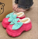 スリッポン 厚底 シューズ レディース 裏起毛 内ボア もこもこ 黒 白 ピンク リボン かわいい ローファー サンダル ソックスシューズ バイカラー 秋 冬 靴 暖かい 韓国風 くつ クツ 無地 ゴツい 撥水 ルームシューズ モコモコ おしゃれ(4)