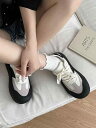 スニーカー レディース 厚底 シューズ かわいい レトロ 紐あり 靴 幅広 黒 白 ピンク バイカラー フラット 学生 スクール ローカット スニーカー ラウンドトゥ くつ クツ レースアップ 韓国風 履きやすい 歩きやすい
