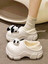 スリッポン 厚底 シューズ レディース 裏起毛 内ボア もこもこ パンダ ぬいぐるみ付き 黒 白 ピンク かわいい ローファー サンダル ソックスシューズ 秋 冬 靴 暖かい 韓国風 くつ クツ 無地 モノトーン ゴツい 撥水 ルームシューズ 室内