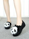 パンプス ぺたんこ スリッポン パンダ ファー付 裏起毛 暖かい モカシン シューズ レディース かわいい ぱんだ 動物 ぽんぽん もこもこ 歩きやすい 秋 冬 くつ 靴 クツ 黒 白 グレー 茶色 バイカラー 大きいサイズ 25.5 痛くない ママ