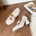 パンプス レディースシューズ ハイヒール メリージェーン ファーシューズ スクエアトゥ シック 女性用 冬シューズ きれいめ リボン もこもこ ベルベット 多用途 仕事 通学 お出かけ 女子会 デート 身長アップ アプリコット ブラック レザーシューズ