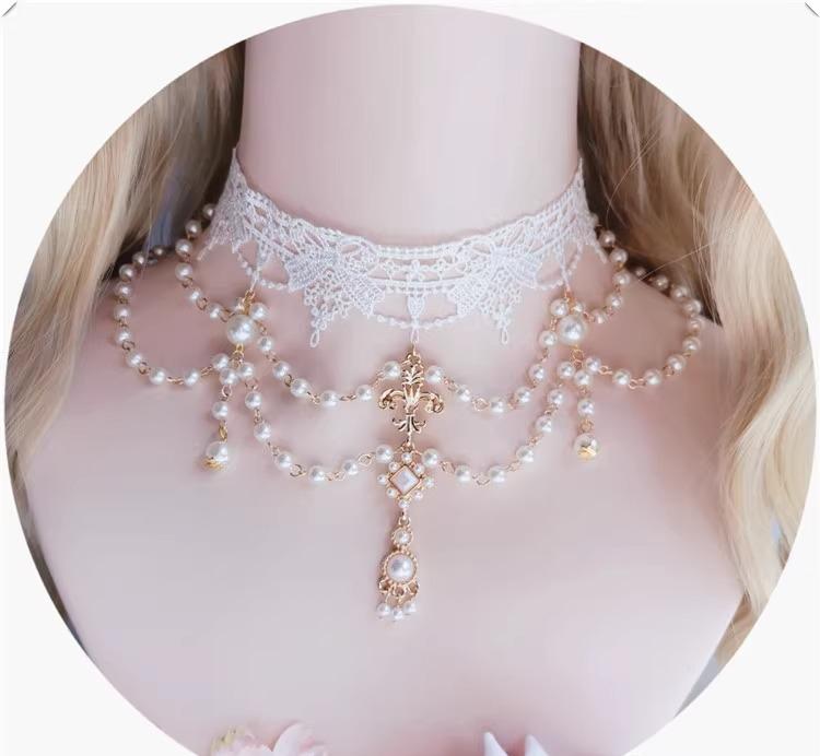 ネックレス アクセサリー ジュエリー ペンダント チョーカー レース チェーン パール 合金 イミテーション 白 レディース 女性用 きれいめ おしゃれ かわいい ロリータ ゴスロリ フェミニン 個性的 高級感 存在感 主役級 豪華 ゴージャス 結婚式