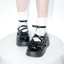 パンプス ローファー シューズ 靴 エナメル風 厚底 リボン ストラップ スタッズ 女性用 レディース ゴスロリ 量産型 地雷系 かわいい 可愛い 存在感 主役級 10代 20代 インスタ映え 推し活 ライブ イベント 握手会 女子会 ブラック 黒