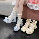 パンプス サンダル シューズ 靴 ハイヒール リボン レース フリル ストラップ 女性用 レディース ロリータ ロリィタ かわいい 可愛い おしゃれ お洒落 量産型 存在感 主役級 10代 20代 推し活 オフホワイト 白 スカイブルー 水色 バイカラー