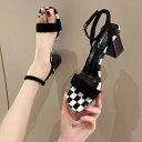 サンダル ミュール 靴 シューズ レディース 女性用 オープントゥ 千鳥格子 ブロックチェック アンクルストラップ ヒール ローヒール チャンキーヒール 黒 軽量 春夏 大きいサイズ 歩きやすい エレガント 個性的 高級感 おしゃれ 脚長 高見え(4)