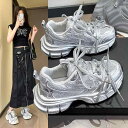 スニーカー レディース 女性用 ダッドスニーカー 厚底 ゴツ底 シルバー ベージュ ブラック リボン 滑らない 楽ちん キラキラ バイカラー デート お出かけ 女子会 旅行 かわいい おしゃれ 派手 インパクト メンズライク ハード ごつめ 春夏 秋 冬(4)