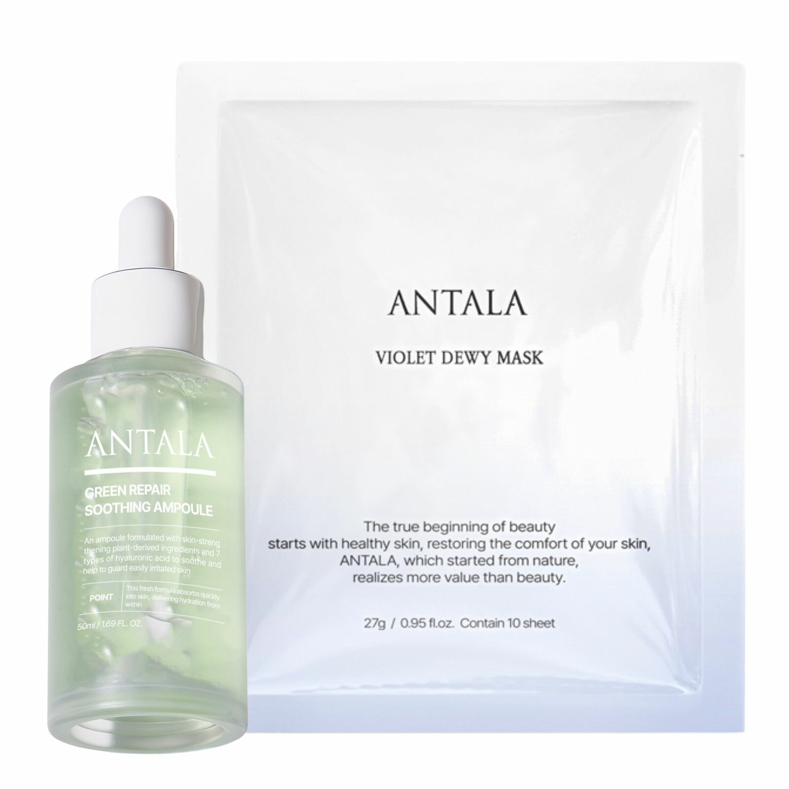 【2点セット】アンタラ ヴァイオレット ツヤ肌集中マスク + グリーン リペア スムージング 美容液 / ANTALA 韓国コスメ ハイドロゲルマスク 超密着 高保湿 パック アズレン アラントイン アデノシン ナイアシンアミド EGF アンプル 美白 シワ たるみ ハリ 低刺激 レディース