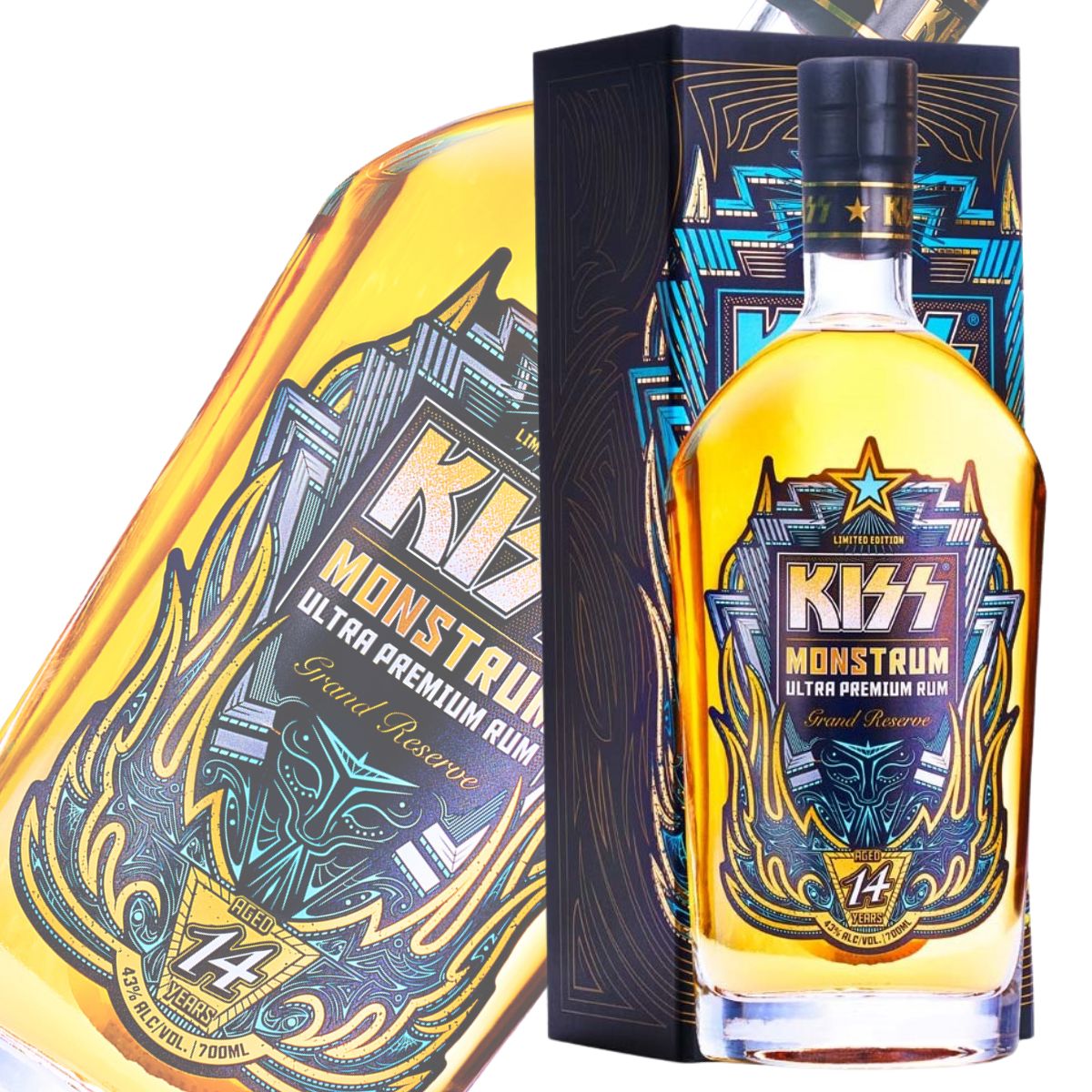 キッス モンストラム ウルトラ・プレミアム・ラム14年 700ml 43度 KISS 高級 熟成 ラム酒 限定ボトル RUM コレクション 箱入り KISS ロックバンド ファン必見 14年熟成 ハイクラス ラム ジャマイカ ガイアナ オーク樽 無添加 光るラベル ギフト スピリッツ 洋酒