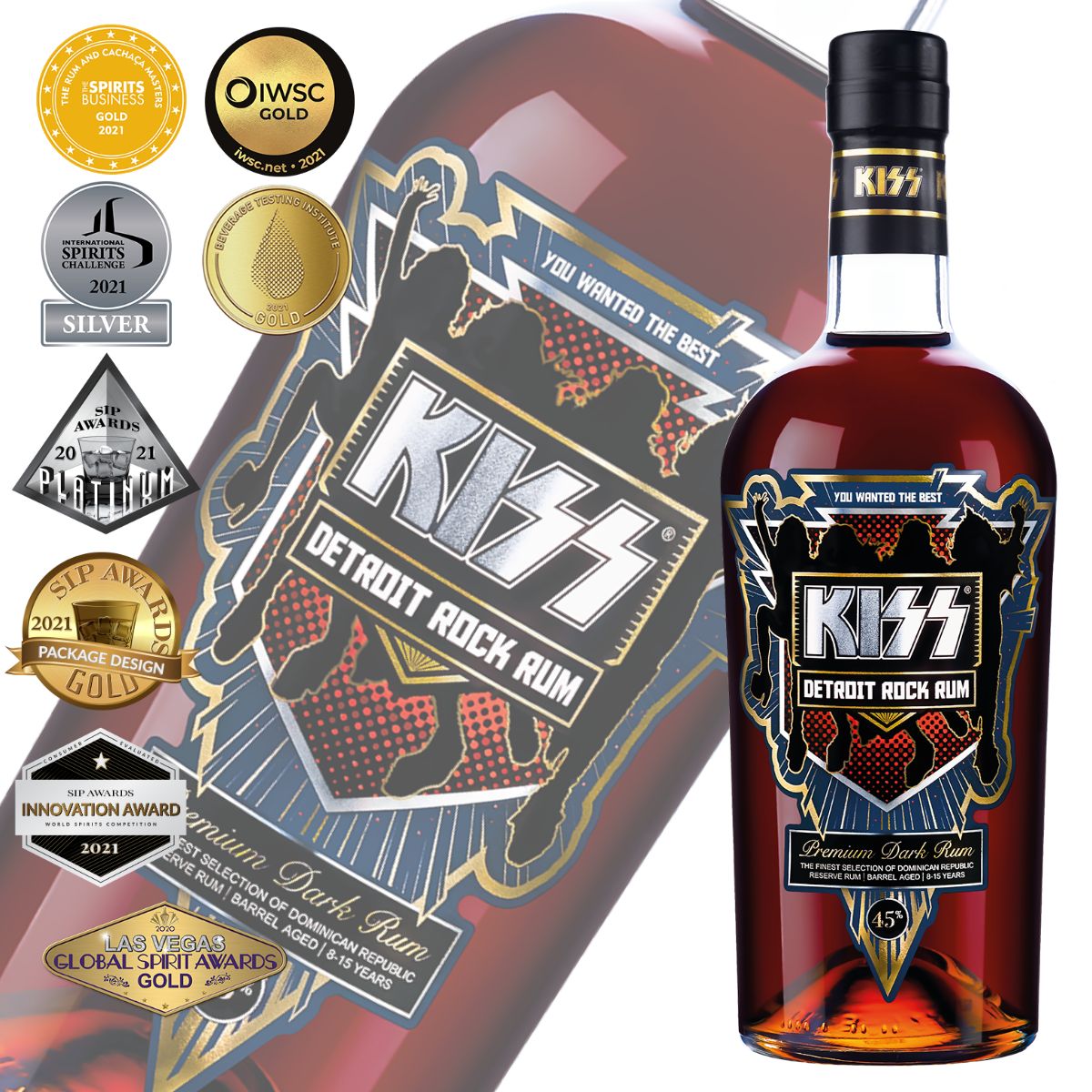 キッス デトロイト・ロック・ラム 700ml 45度 KISS プレミアム ダークラム 金賞受賞 ドミニカ産 高級 ラム 樽熟成 スピリッツ ロックバンド ファン必見 8～15年樽熟成 ハイクラス ラム酒 世界で高評価 芳醇な香り 複雑な味わい ストレート ロック カクテル コレクション