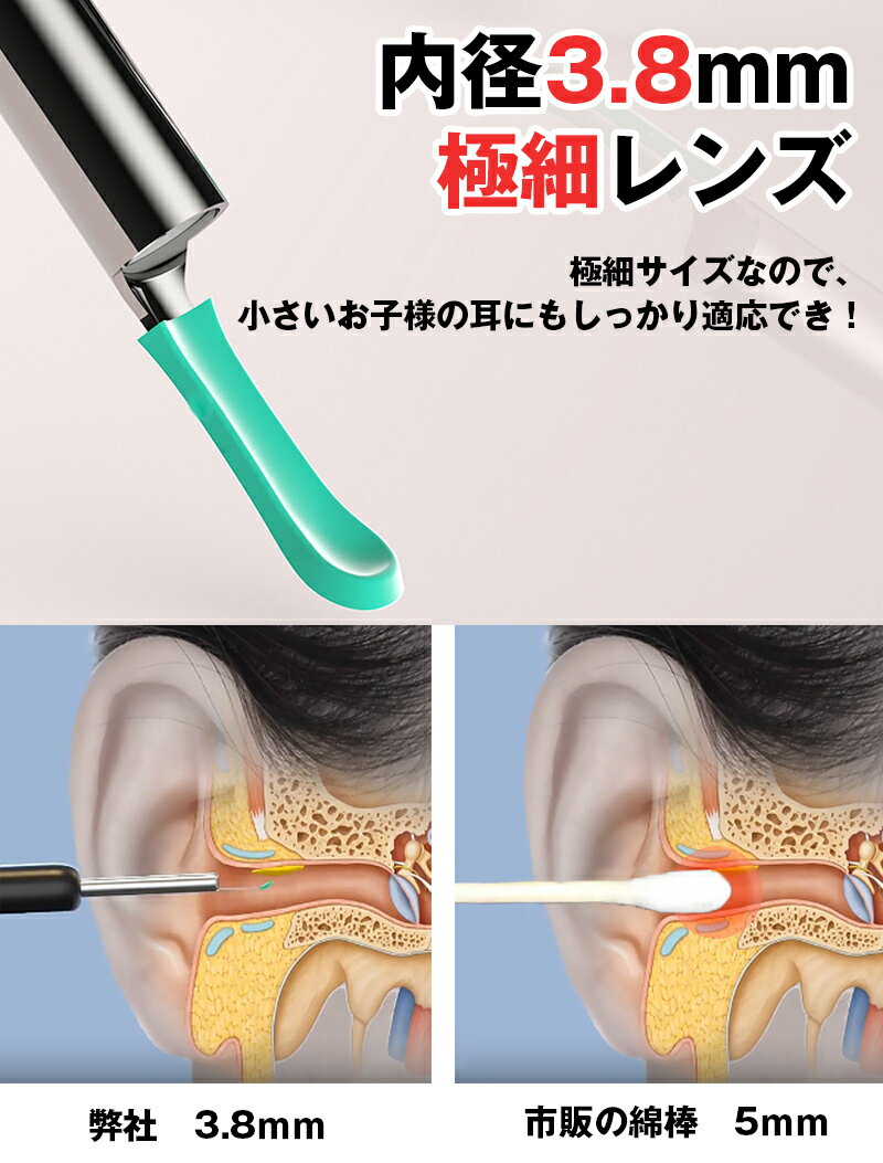 耳かき カメラ付き ワイヤレス カメラ付き ピンセット LEDライト ミラー機能付き スコープ 細い 高画素 LEDライト 耳掃除 歯垢 確認　防水 極細レンズ WIFI接続 温度制御 IOS Android USB充電 日本語説明書付き 大人 高齢者 子供 ペット 接続簡単 プレゼント 3