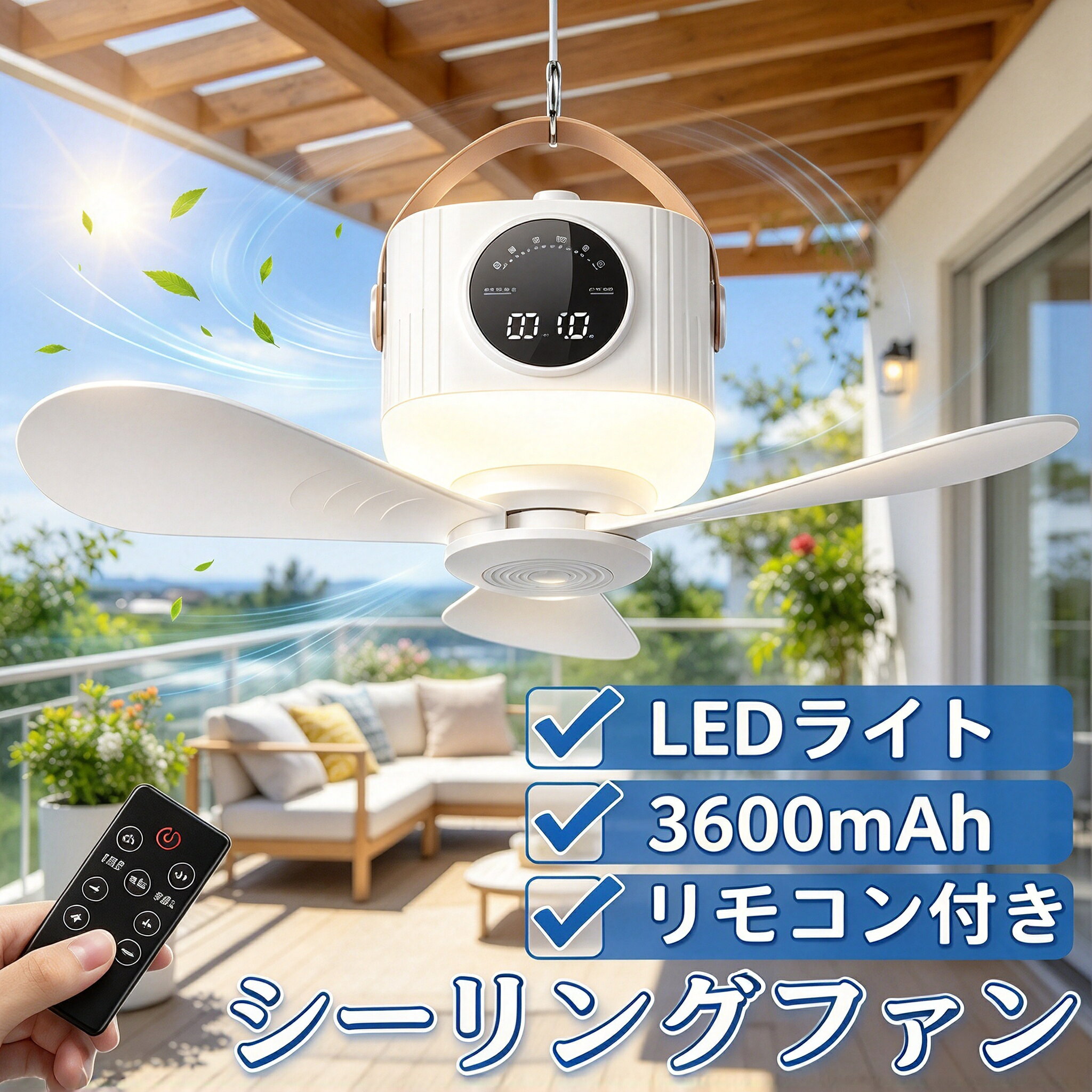 充電式・吊り下げ兼用タイプのコンパクトシーリングファンです。 付属フックを使用することで、テントや天井、物干し竿などへ簡単に取り付け可能です。 LEDライト、リモコン操作、4段階風量調節、タイマー機能を搭載し、さまざまなシーンで快適にご使用いただけます。 大容量バッテリーを内蔵しているため、コンセントがない場所でも使用でき、室内からアウトドアまで幅広く対応します。 さらにアロマ収納スペースを備え、防虫用アロマを使用することで虫対策にも役立ちます。 寝室、キッチン、ベランダ、キャンプなど多彩なシーンで活躍する実用的なアイテムです。 持ち運びに便利なレザー調ハンドル付きです。 【主な特長】 ■ 4段階風量調節 風量は弱・中・強・ターボの4段階から選択可能です。 使用環境やお好みに合わせて快適な風量へ調整できます。 ■ タイマー機能 タイマーは2時間・4時間・8時間・12時間の4種類を設定可能です。 ■ リモコン操作対応 付属リモコンにより、離れた場所から電源のON/OFF、風量調整、タイマー設定、LEDライト操作を行えます。 本体にも操作ボタンを搭載しているため、リモコンがなくても直接操作できます。 ■ 効率的な送風を実現するブレード設計 3枚羽根には空気の流れを考慮した角度設計を採用しています。 風を効率よく送り出し、送風範囲の拡大と空気循環をサポートします。 コンパクトサイズながらパワフルな風量を実現し、室内を快適な環境へ導きます。 また、静音性にも配慮しており、運転音を抑えた設計となっています。 ■ 高耐久モーター採用で安定した運転性能 耐久性に優れたモーターを搭載し、長時間の連続運転にも対応します。 回転時の振動を軽減し、静かでスムーズな動作を実現しました。 長期間の使用でも安定したパフォーマンスを維持しやすい仕様です。 ■ LEDライト 本体下部には暖色系LEDライトを内蔵しています。 夜間の補助照明やリラックスタイムの灯りとして活用できます。 ■アロマ対応機能搭載 アロマ収納スペースを備えており、お好みのアロマオイルを使用可能です。 防虫タイプのアロマをセットすることで、アウトドアやテント内での虫対策にも役立ちます。 ■持ち運びしやすく、収納や移動もスムーズです。 テントフレーム、天井バー、ベランダ、クローゼット内などさまざまな場所へ設置可能です。 用途に応じて柔軟にご使用いただけます。