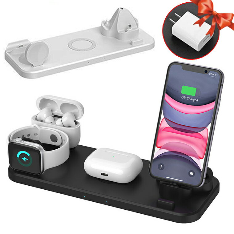 ワイヤレス充電器 iPhone 14 Pro Max スタンド 3in1 6in1 同時充電 wireless apple watch 強力 18w アンドロイド 多機種対応 置くだけ 充電器 アップルウォッチ air pods apple watch 8 Ultra 5 6 7 SE micro usb 充電器 iphone13 12 QC3.0アダプタ付 type-c まとめる