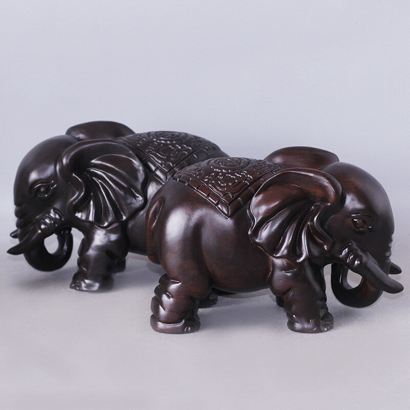 アフリカンエボニー 黒檀 彫刻 福を持つ象 一対 置物 - 家庭円満 招福 縁起物 インテリア 高級木彫り ギフト
