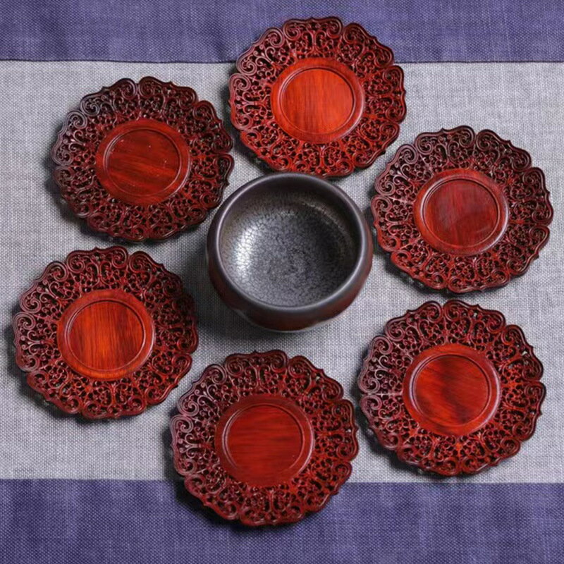 紫檀 透かし彫り 唐草文様 コースター (7.2x8.5x1.2cm) - 耐熱 茶托 和風インテリア ギフト