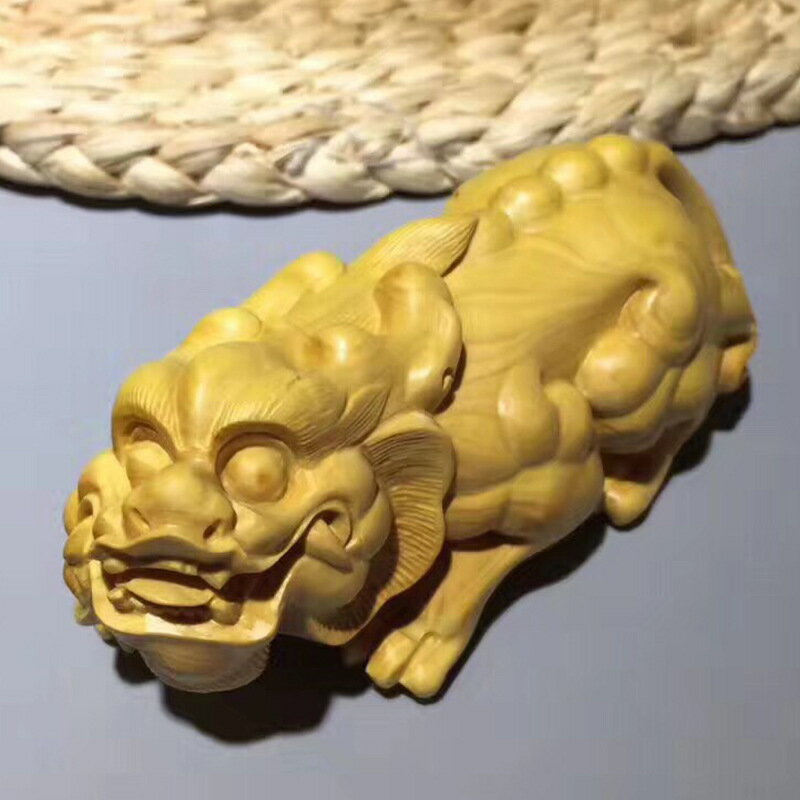 黄楊木 招財獣ピシウ 置物/手揉み木 - 金運アップ 魔除け 手彫り 文玩 ストレス解消 縁起物 ギフト