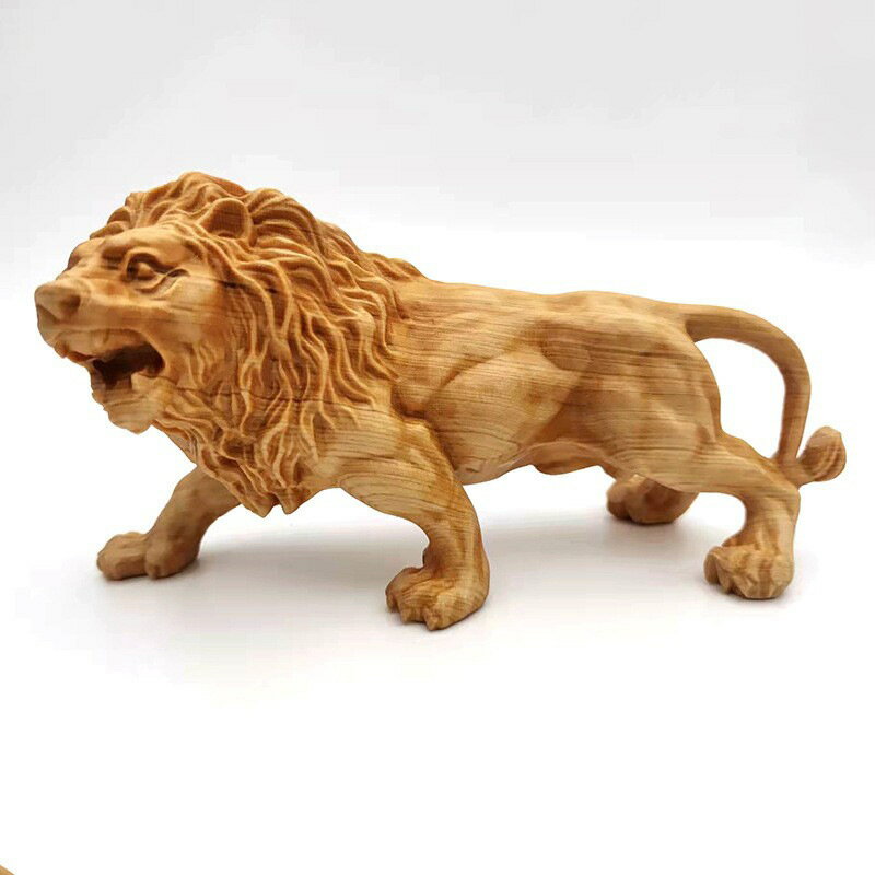 サイプレス 彫刻 雄獅子 置物 (16x9x6cm) - 魔除け 権威 成功 書斎 デスク 和風インテリア 木彫り ギフト