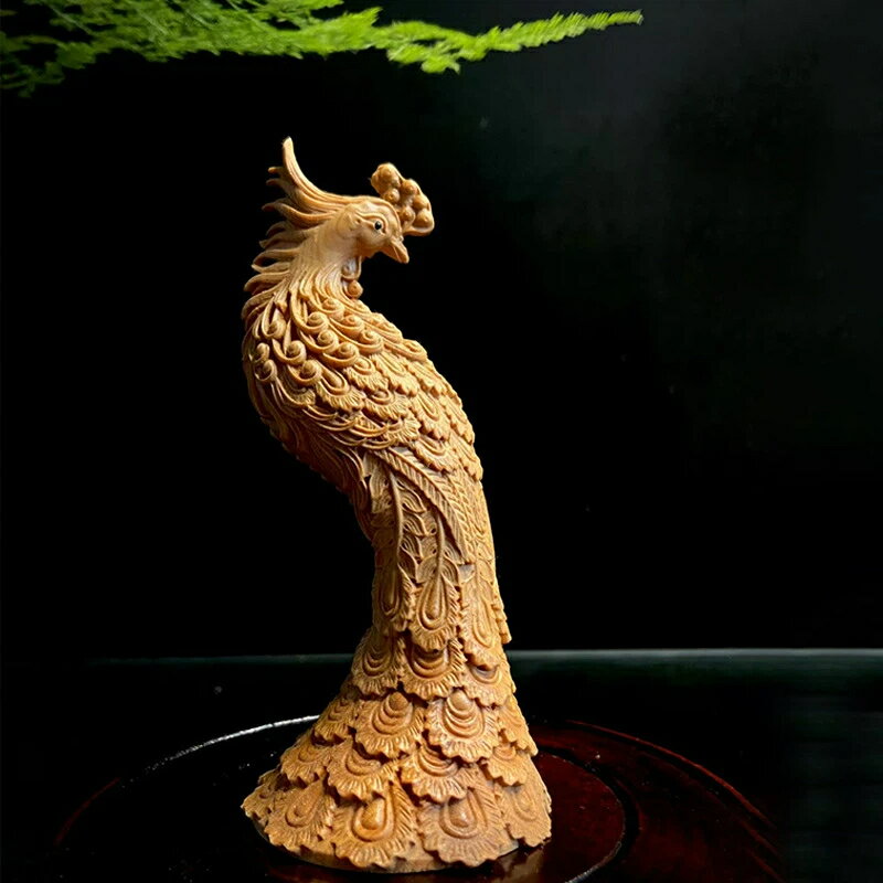 サイプレス 彫刻 朱雀 置物 (12.8x6x6cm) - 南方の守護神 開運 魔除け 書斎 デスク 和風インテリア ギフト