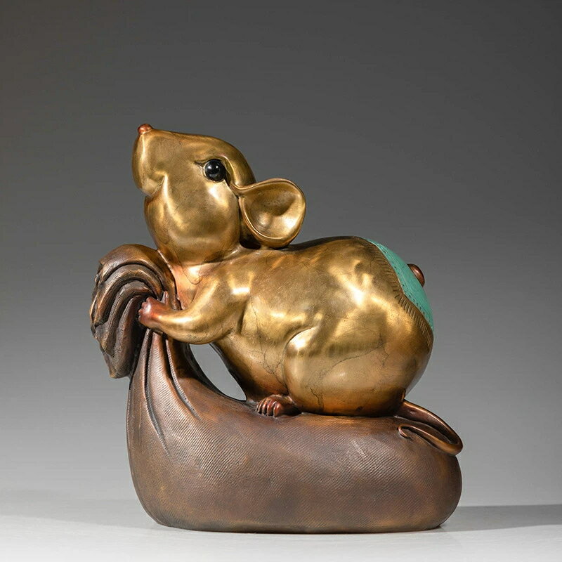 黄銅製 金袋鼠 置物 干支 子年 ネズミ 招財 開運 縁起物 オフィス 受付 リビング 彩色 ブロンズ 工芸品 家庭用 インテリア ギフト 贈り物 クリスマス ...