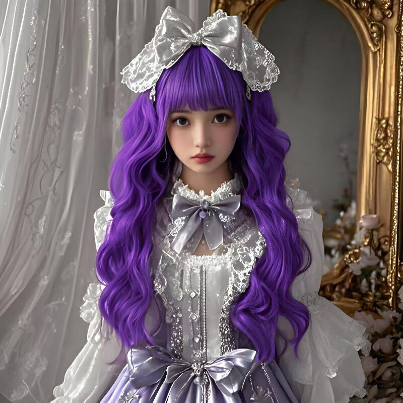 【ロリータ】パープルロングカール ウィッグ 前髪まゆ毛 ドール感 ローマンカール 人工毛 付け髪 コス..