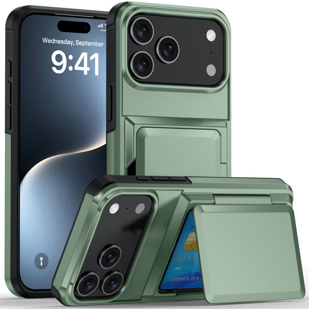 Rakuten - iPhone 17 Pro ProMax Air 対応 クリア カードを挿入 全周保護ケース 強化ガラス設計 軽薄 アーミーグリーン