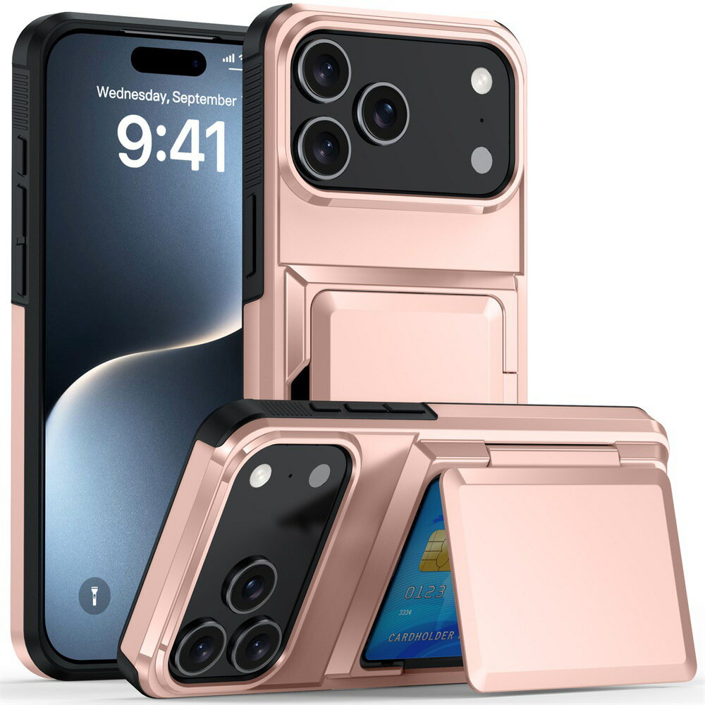 Rakuten - iPhone 17 Pro ProMax Air 対応 クリア カードを挿入 全周保護ケース 強化ガラス設計 軽薄 ローズゴールド