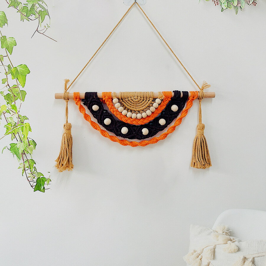 2025新作 ボヘミアン 壁掛け タペストリー フリンジ 木製ビーズ ハンドメイド 手編み リビング 寝室 インテリア エスニック ナチュラル おしゃれ 装飾品