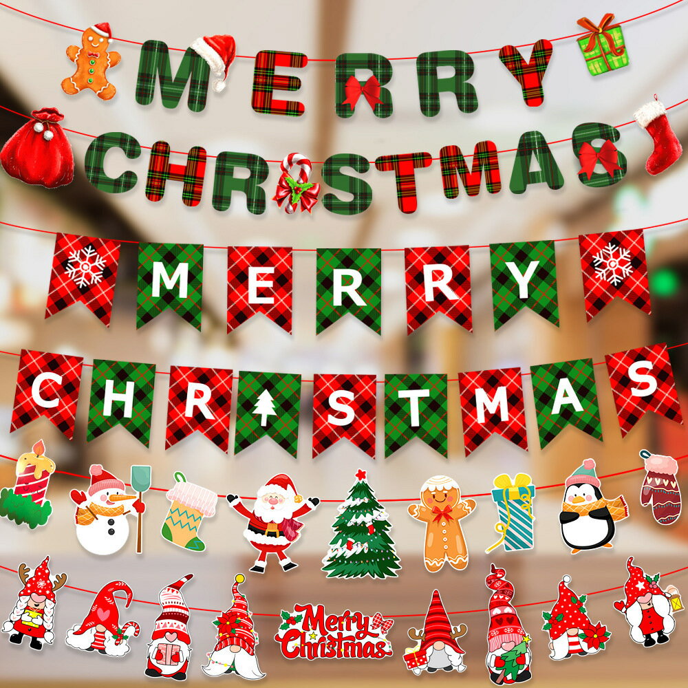 Rakuten - クリスマス パーティー ガーランド フラッグ 装飾 横断幕 旗紙製 カード型 可愛い サンタ トナカイ 雪だるま モチーフ イベント 飾り付け 店舗 部屋 デコレーション