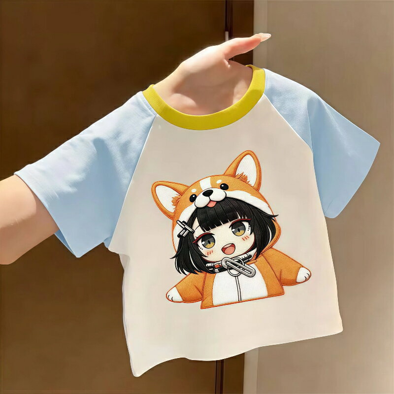 Rakuten - ググガガ コーギー ラグランスリーブ キッズ T シャツ 半袖 綿 100% 男女兼用 子供服 夏服 2026 新作 刺繍風プリント ゆったり 丸首 カジュアル トップス 通学 お出かけ 80-140cm 可愛い キャラクター