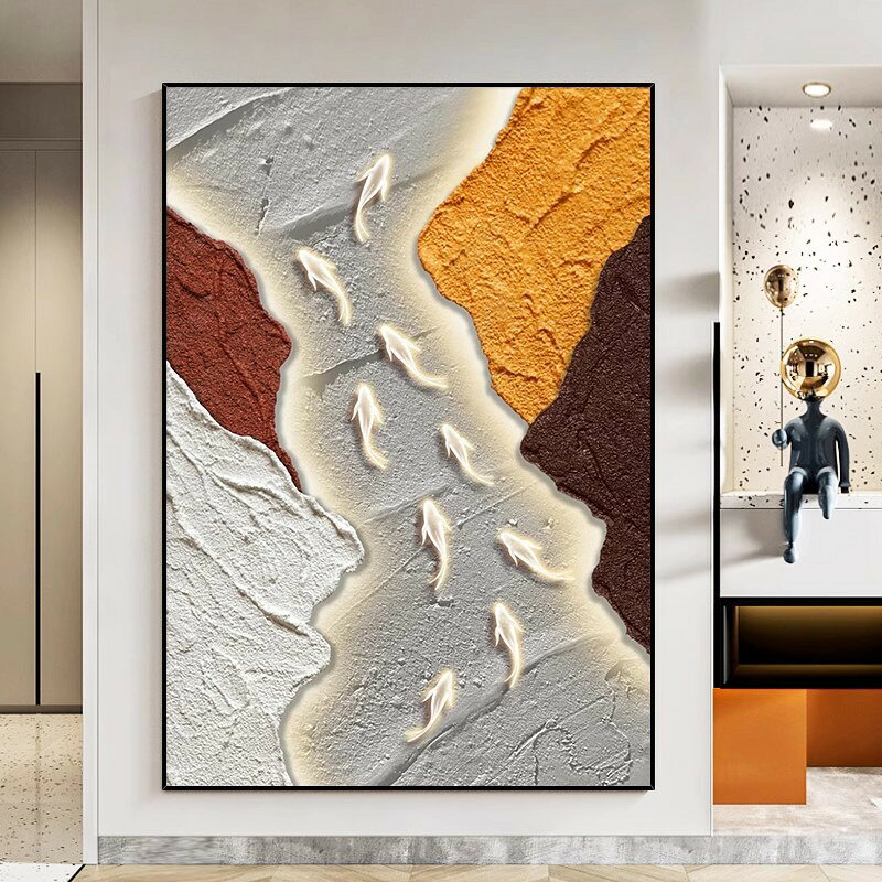 魚モチーフ 鯉風 手描き油絵 キャンバスアート グレー ホワイト オレンジ ブラウン 川の流れ風 和モダン アートパネル 壁掛け絵画 インテリアアート サイズ選択可 玄関 リビング 書斎 新築祝い ギフト