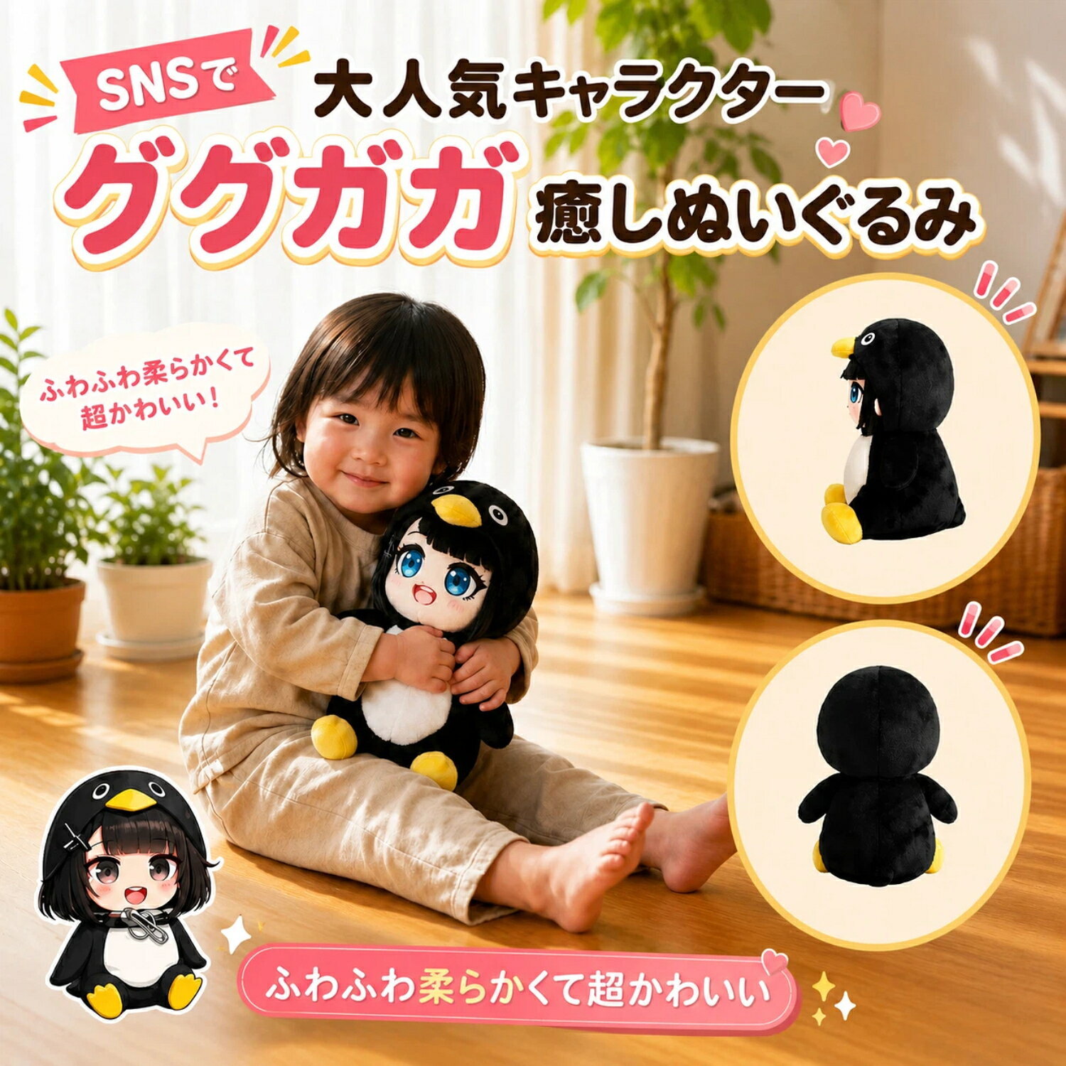 ググガガペンギン ぬいぐるみ マスコット デスクインテリア 推し活 コレクションアイテム ギフト プレゼント 癒し系 ペンギン少女 ちびキャラ ふわふわもちもち 柔らかい キャラクターグッズ SNS 話題 22cmの商品画像 2