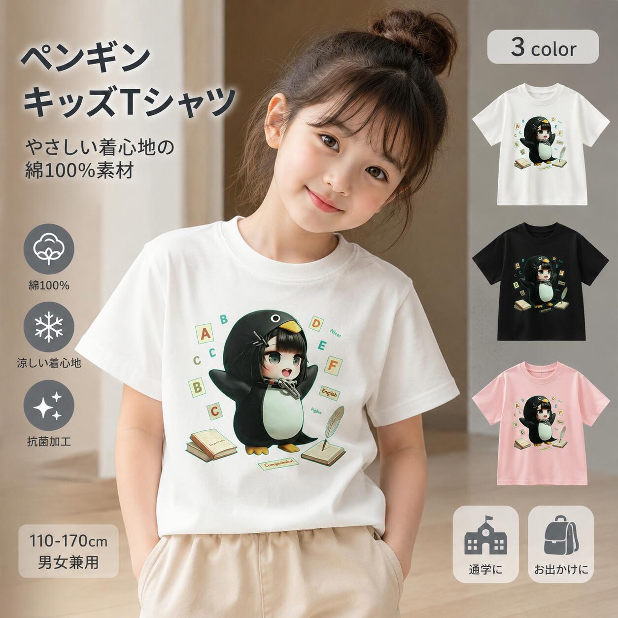 Rakuten - ググガガ ペンギン キッズ T シャツ 半袖 綿 100% 涼感 抗菌 男女兼用 子供服 夏服 2026 新作 ゆったり 丸首 カジュアル トップス 通学 お出かけ 110-170cm 可愛い キャラクター