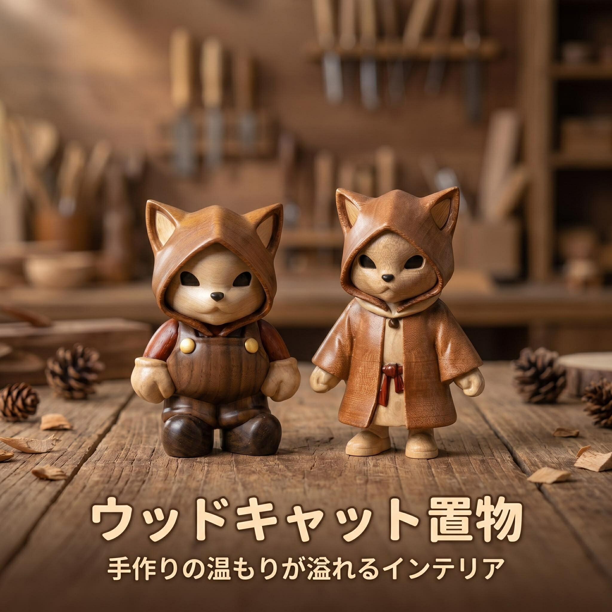 Rakuten - 木製猫人形置物 ウタン材 天然木 手彫り仕上げ フード付き オーバーオール 可愛い 癒し系 インテリア雑貨 卓上置物 デスク飾り コレクション 誕生日プレゼント 記念日ギフト 母の日 父の日 クリスマス プチギフト お返し 男女兼用