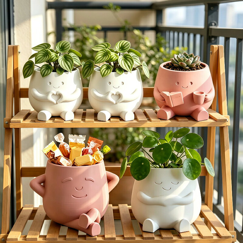 3D プリント 表情付きキャラクター植木鉢 多肉植物鉢 かわいい 卓上インテリア 創意的 グリーンポ ...