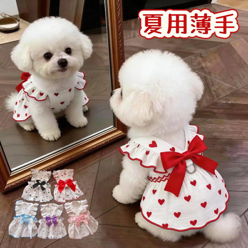 犬用 ワンピース 2 点セット 夏用 薄手 小型犬 猫用 プリンセスドレス ハート柄 リボン付き リード取付リング付き 通気性 お散歩 お出かけ 可愛い ペットウェア トイプードル チワワ マルチーズ ビションフリーゼ ポメラニアン 春夏用 フリルデザイン