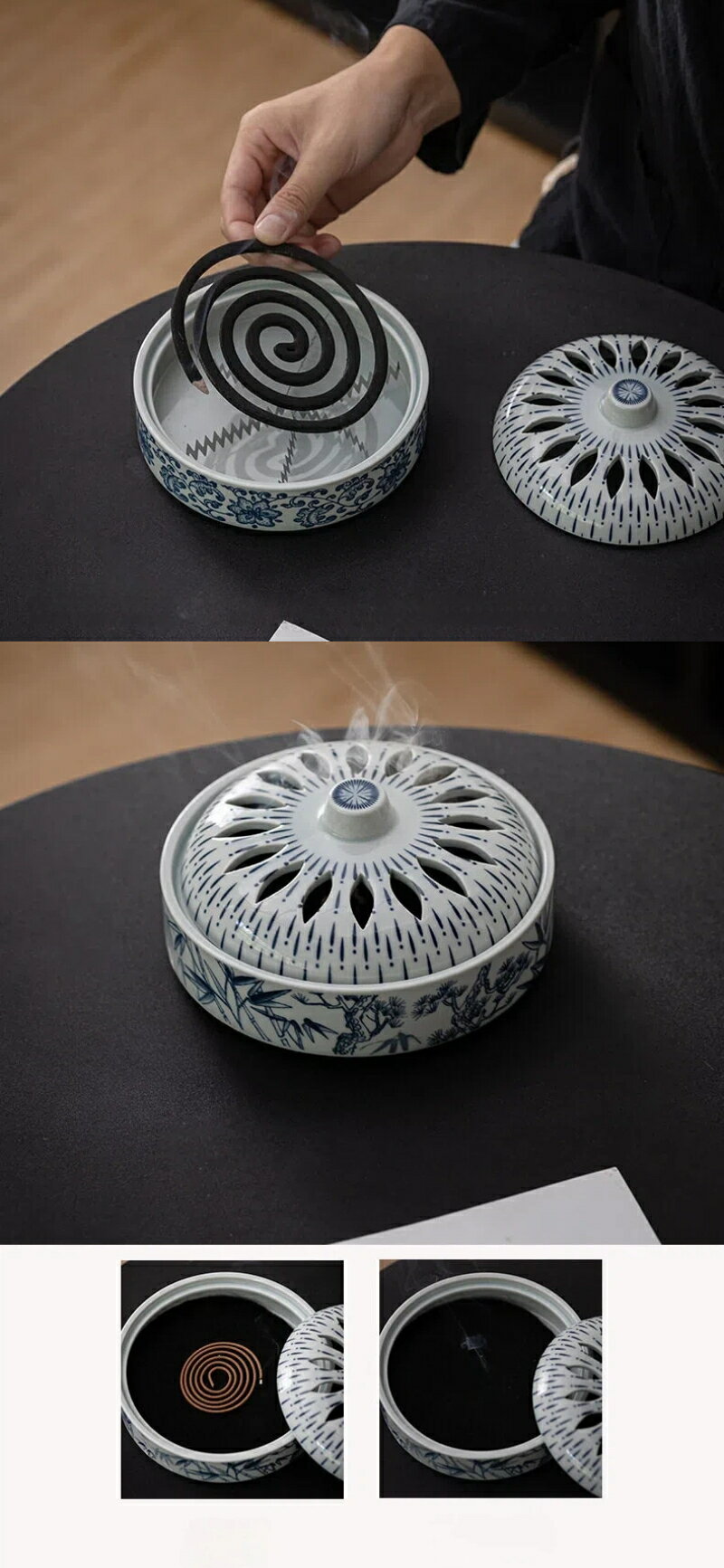 染付 陶器 蚊香炉 蓋付き 透かし彫り 火傷防止 夏用 蚊取り線香入れ 灰受け 和風 ...