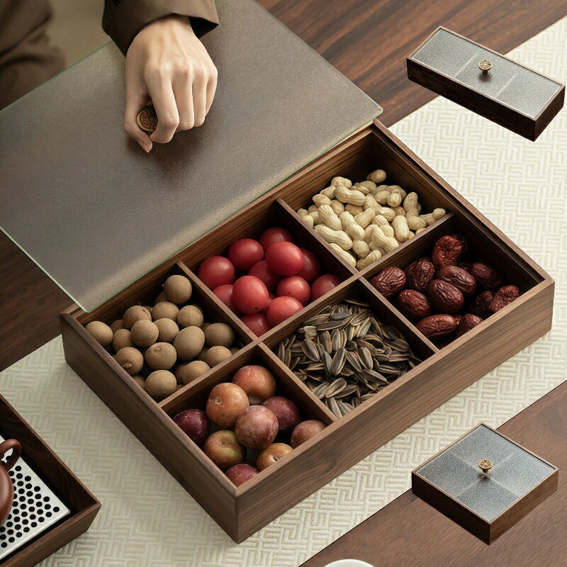 ウォールナット 収納ボックス 木製 北米産 お菓子入れ ドライフルーツ ガラス蓋付き 仕切り付き 高級感 リビング 茶卓 小物入れ 4 サイズ展開 おもてなし ギフト