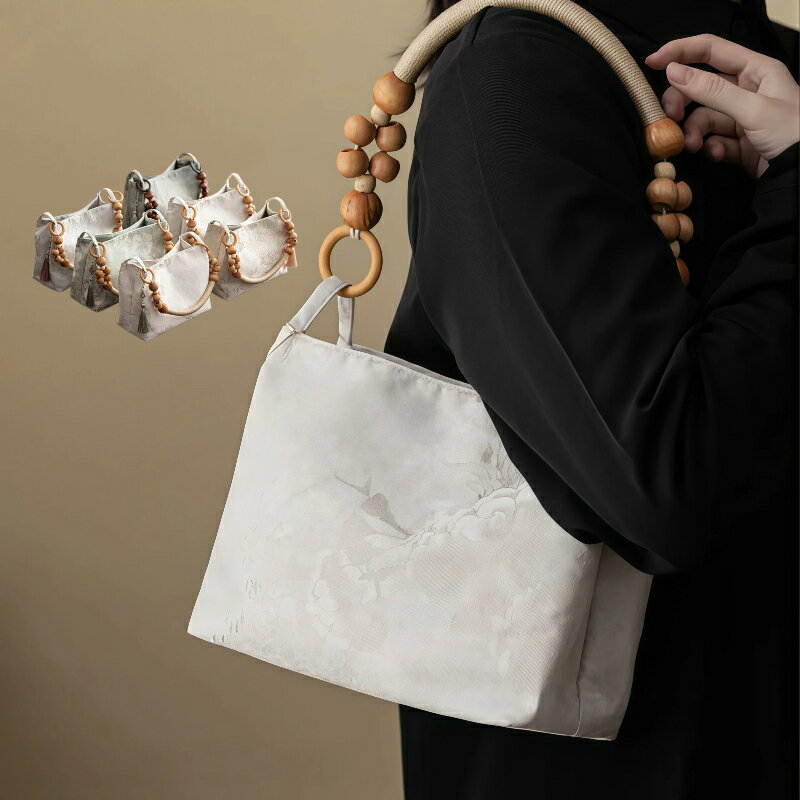 15%OFFクーポンあり★ショルダーバッグ レディース ワンショルダー 脇下バッグ 布製 チャイナ風 おしゃれ コンパクト ミニバッグ 木珠ハンドル タッセル付き 日常使い お出かけ ギフト