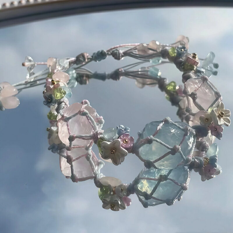 ブレスレット 金属アレルギー対応 ジルコニア 春 ピンクパープル 花モチーフ ハンドメイド 編み込み 天然鉱石 レディース アクセサリー プレゼント