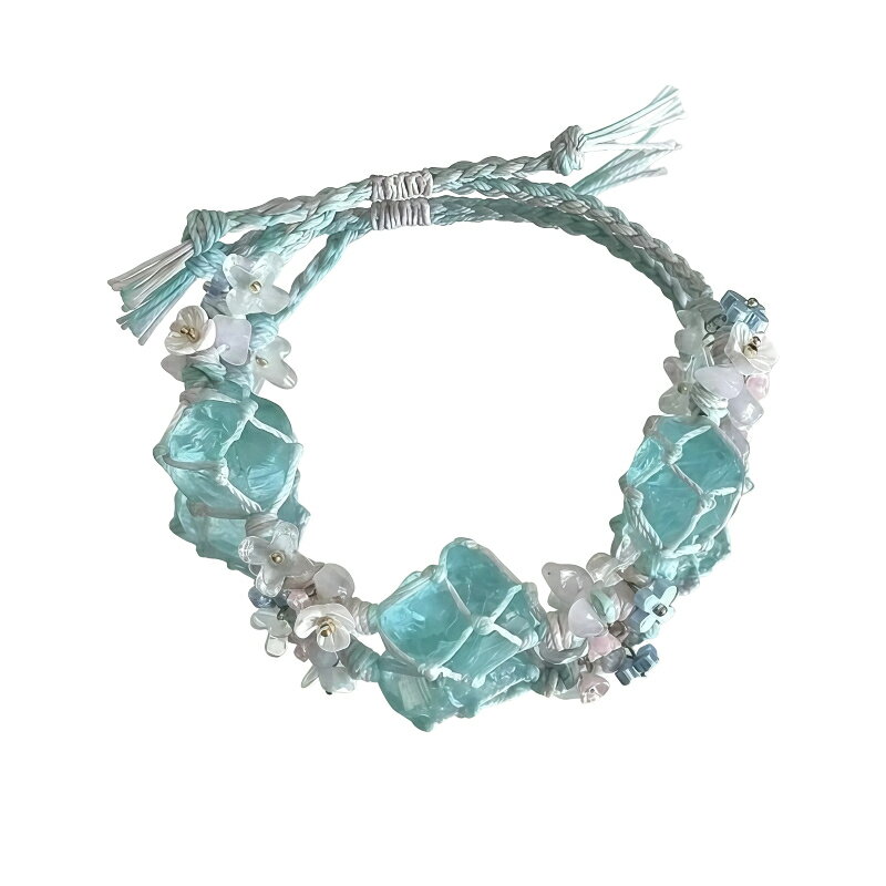 ブレスレット 金属アレルギー対応 水色 花モチーフ ハンドメイド オリジナルデザイン 布製編み紐 天然鉱石 レディース 親友 プレゼント アクセサリー