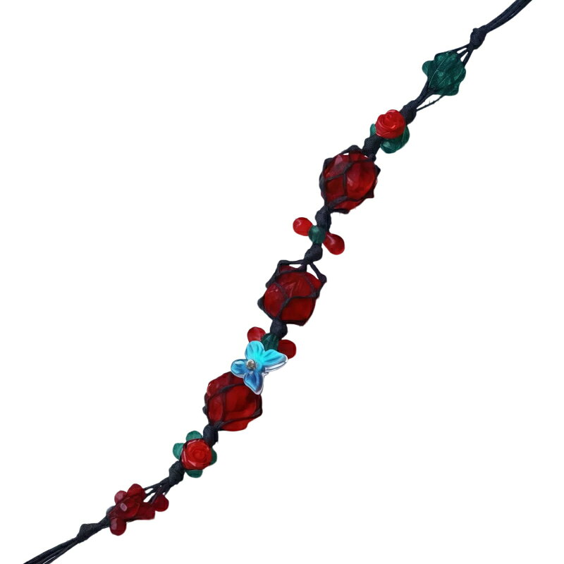金属アレルギー対応 パワーストーン ブレスレット 春夏 肌映え 赤バラ ゴシック 合成金属 ガラス ハンドメイド 網袋編み オリジナルデザイン サイズ調整可 レディース アクセサリー プレゼント