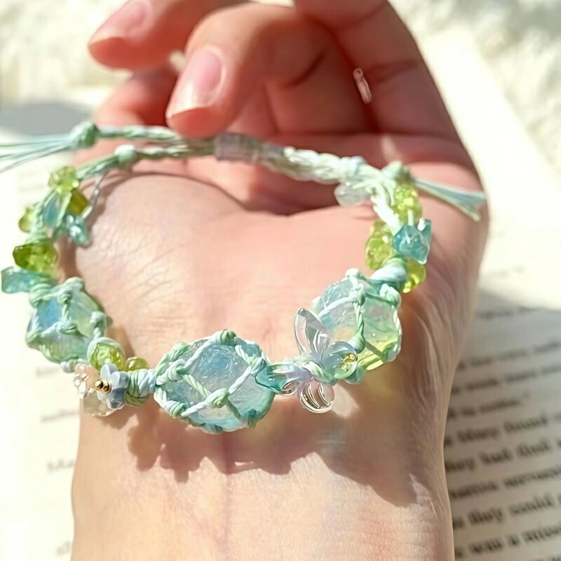 金属アレルギー対応 パワーストーン ブレスレット 春夏 肌映え 夏コーデ お花見 金属不使用 ガラス ハンドメイド オリジナルデザイン 蝶モチーフ サイズ調整可 レディース アクセサリー プレゼント