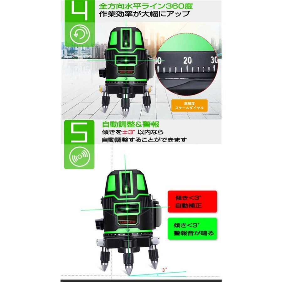 墨出し器水平器グリーンレーザー5ライン6点フルラインバッテリー2個付き高精度大矩ライン光学測定器軽量防水建築基礎レーザー墨出し器1年保証